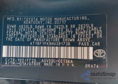 2017 Toyota Camry Se z USA, uszkodzony, nr VIN 4T1BF1FK9HU391736